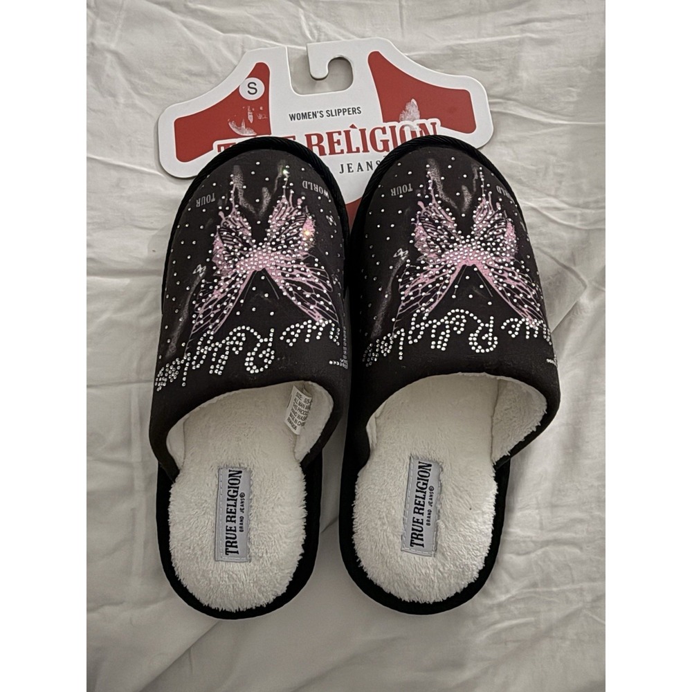 True Religion Women's Slide Slippers Pink Wing Rhinestone Black Size S 5-6 NWT